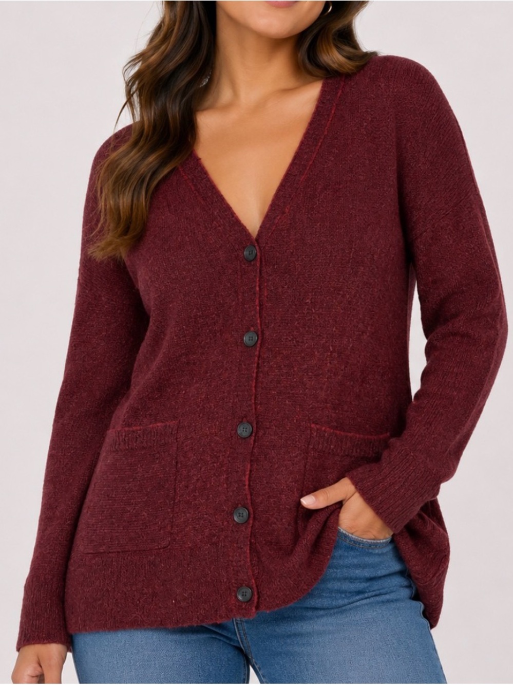 American Eagle Burgundy Wine V-Neck Button Front Cardigan Sweater W/Pockets XL